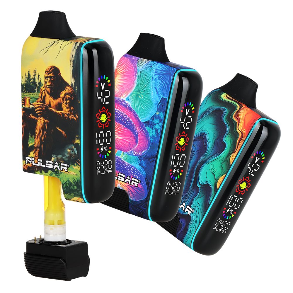 Pulsar 510 DL5.0 Discreet Cartridge Batteries with Bigfoot Sasquatch Camping design, Shroom Mushroom Glow, and Spectral rainbow flow designs Canada