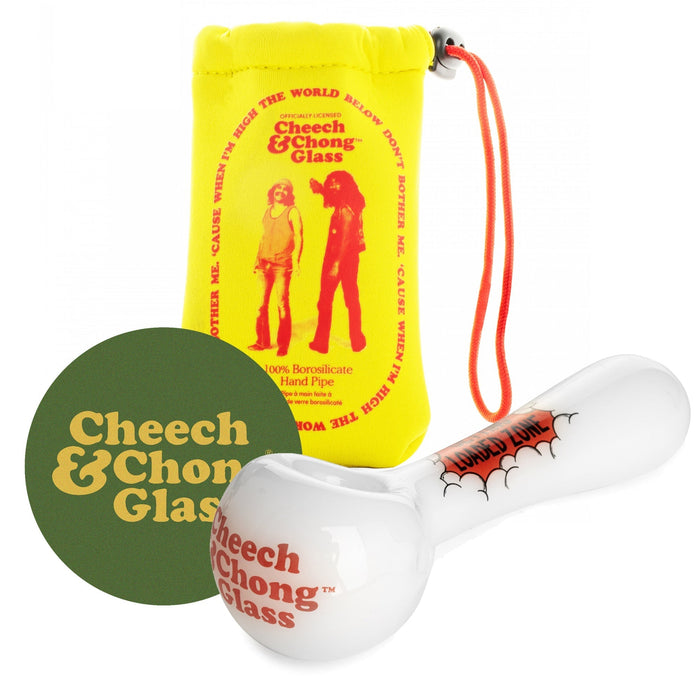 White Cheech & Chong Glass 4.5" Getting Loaded Zone Hand Pipe with Yellow Neoprene Pouch