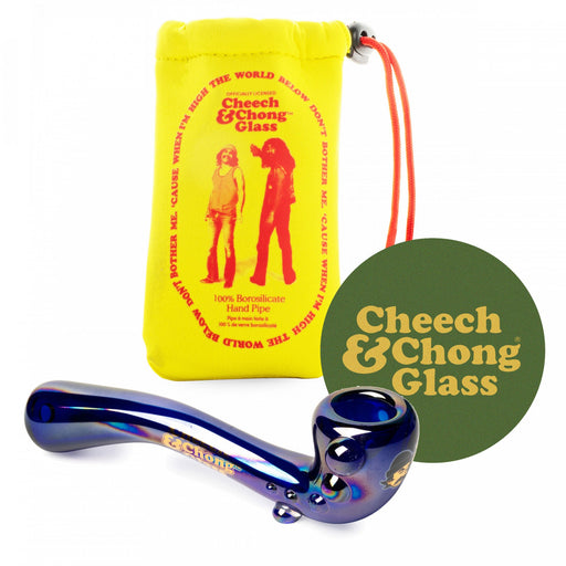 Blue glass pipe with Cheech & Chong Glass branding, yellow drawstring neoprene pouch