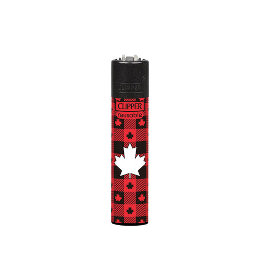 Red and black Clipper lighter with a white maple leaf design on a white background