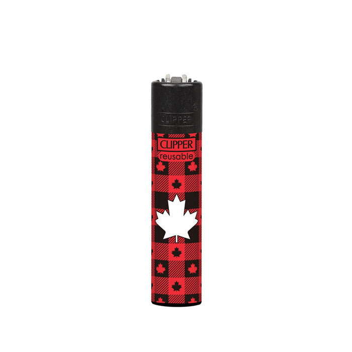 Red and black Clipper lighter with a white maple leaf design on a white background