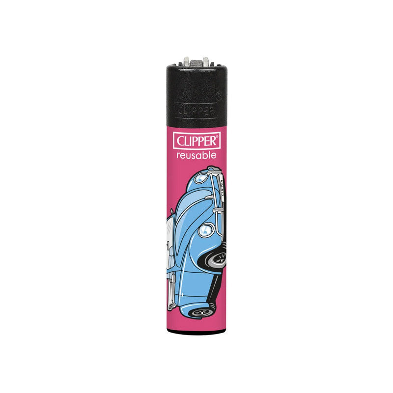 A reusable Clipper lighter with a pink body featuring a blue VW Volkswagen Beatle