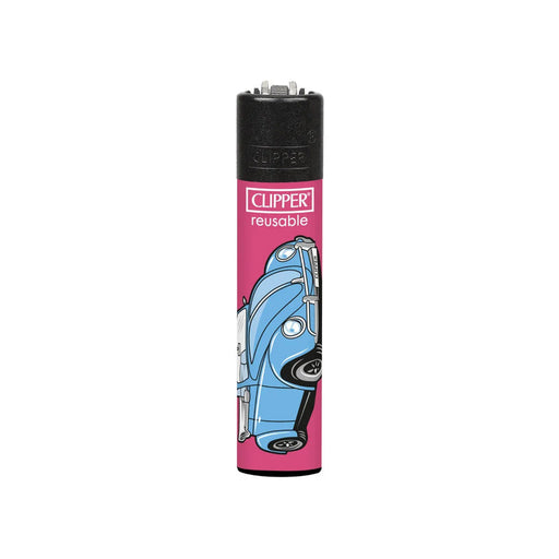 A reusable Clipper lighter with a pink body featuring a blue VW Volkswagen Beatle