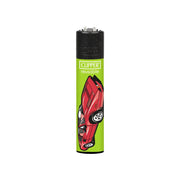 A Clipper reusable lighter with a bright lime green body and Red Vintage Ferrari