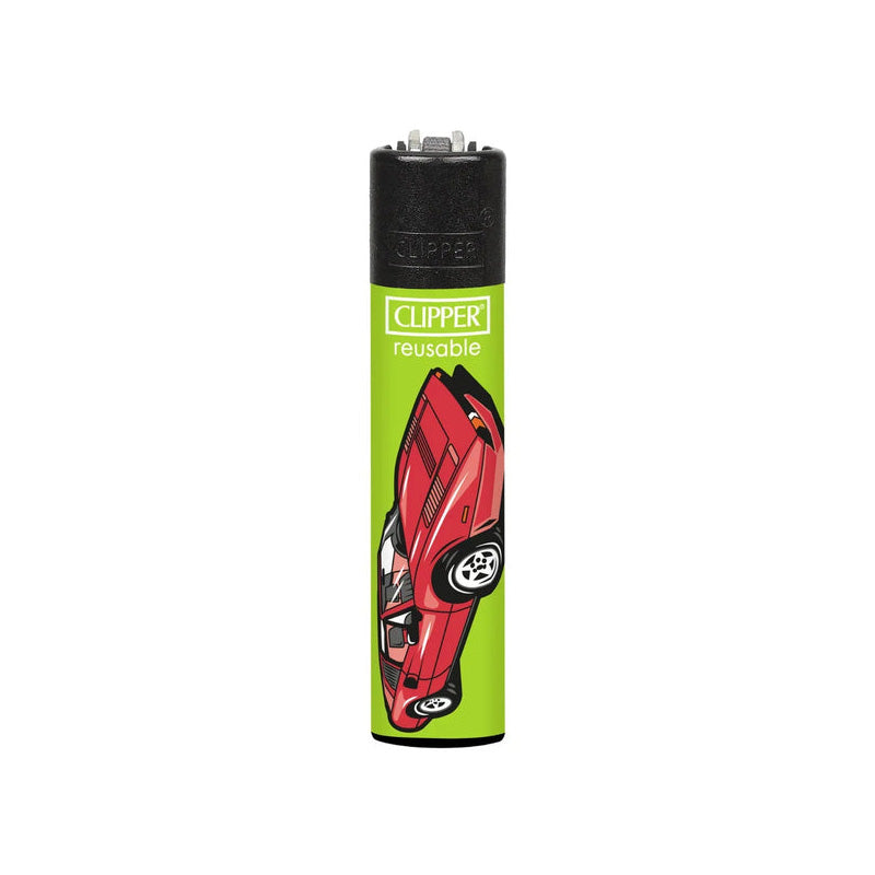A Clipper reusable lighter with a bright lime green body and Red Vintage Ferrari