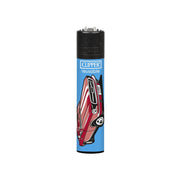 A reusable Clipper lighter with a blue body featuring a red Ford Mustang muscle car