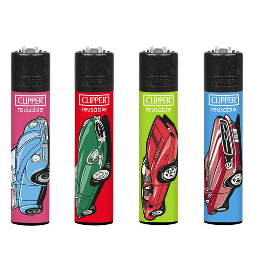 Four Clipper reusable lighters in pink, red, green, and blue, each featuring a different illustrated car design on the body.