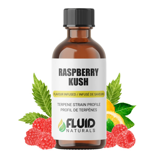 A bottle of Raspberry Kush terpene strain profile by Fluid Naturals Terpenes Canada