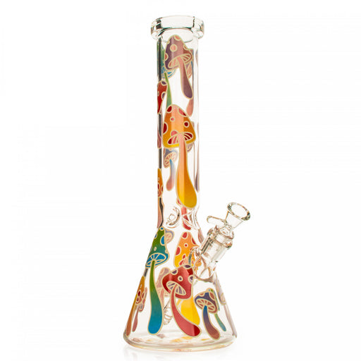 Colorful Magic Mushrooms on a Clear Bong that glows in the dark by Red Eye Glass