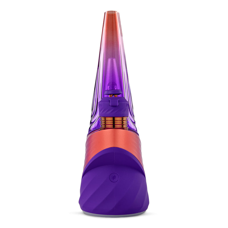 Puffco Peak Pro Plasma Limited Edition front view of 3DXL Chamber with purple silicone joystick cap and orange red ember metallic hues