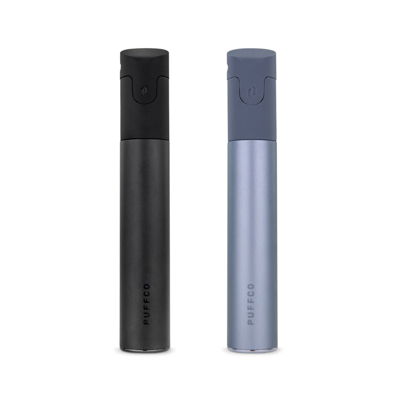 Two Puffco Pivot Vaporizers, one black and one blue, standing upright.