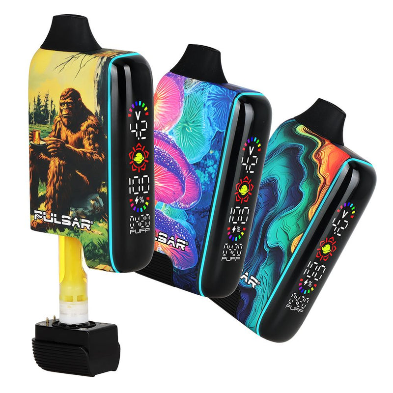 Pulsar 510 DL5.0 Discreet Cartridge Batteries with Bigfoot Sasquatch Camping design, Shroom Mushroom Glow, and Spectral rainbow flow designs Canada