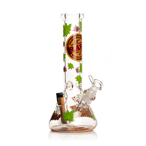 RAW Limited Edition 20th Anniversary GEAR Premium Sidekick Beaker Bong with Cannabis Leaf Decals, a built-in lighter holder, 14mm cone-converter bowl, tan RAW Phoenix lighter and a decal on the base that says "we call get higher together"