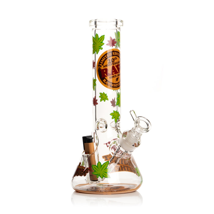 RAW Limited Edition 20th Anniversary GEAR Premium Sidekick Beaker Bong with Cannabis Leaf Decals, a built-in lighter holder, 14mm cone-converter bowl, tan RAW Phoenix lighter and a decal on the base that says "we call get higher together"