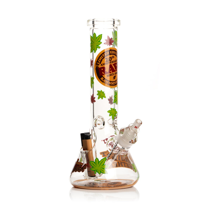 RAW Limited Edition 20th Anniversary GEAR Premium Sidekick Beaker Bong with Cannabis Leaf Decals, a built-in lighter holder, 14mm cone-converter bowl, tan RAW Phoenix lighter