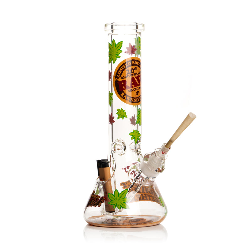 RAW Limited Edition 20th Anniversary GEAR Premium Sidekick Beaker Bong with Cannabis Leaf Decals, a built-in lighter holder, 14mm cone-converter bowl, tan RAW Phoenix lighter