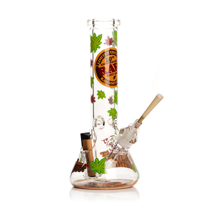 RAW Limited Edition 20th Anniversary GEAR Premium Sidekick Beaker Bong with Cannabis Leaf Decals, a built-in lighter holder, 14mm cone-converter bowl, tan RAW Phoenix lighter