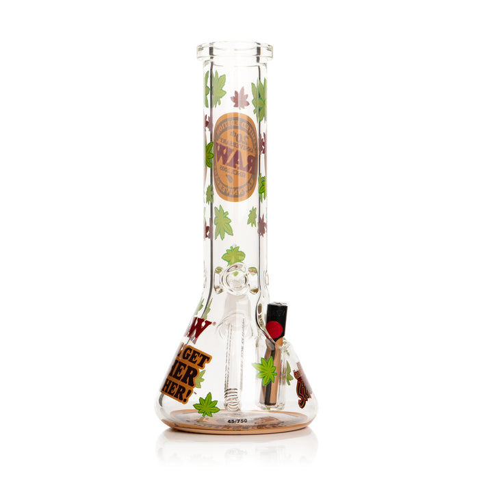 RAW Limited Edition 20th Anniversary GEAR Premium Sidekick Beaker Bong with Cannabis Leaf Decals, a built-in lighter holder, 14mm cone-converter bowl, tan RAW Phoenix lighter