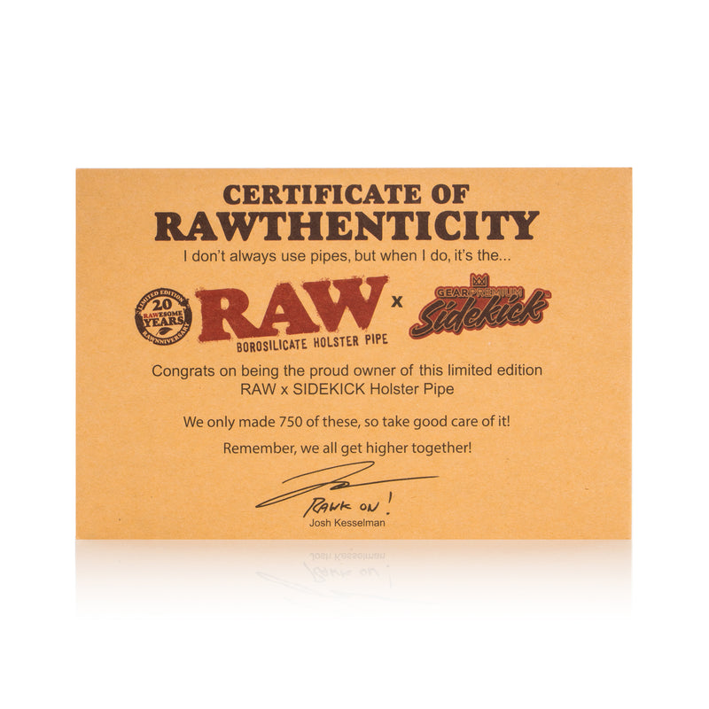 Certificate of RAWthenticity for the GEAR Premium 20th Anniversary Sidekick Bong