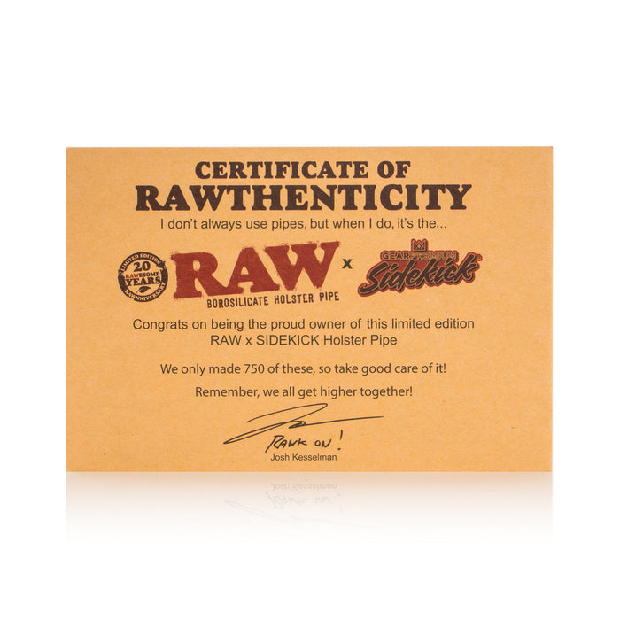 Certificate of RAWthenticity for the GEAR Premium 20th Anniversary Sidekick Bong
