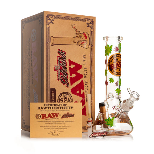 RAW Limited Edition 20th Anniversary GEAR Premium Sidekick Beaker Bong with Cannabis Leaf Decals, a built-in lighter holder, 14mm cone-converter bowl, tan RAW Phoenix lighter
