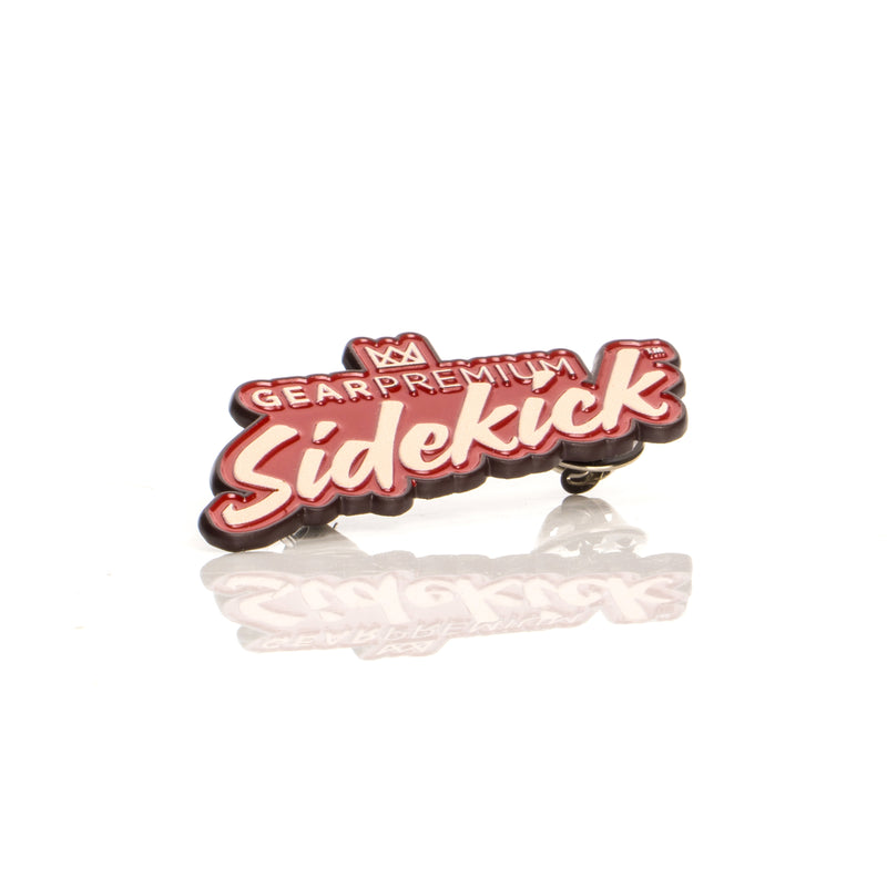 GEAR Premium Sidekick enamel pin with red background