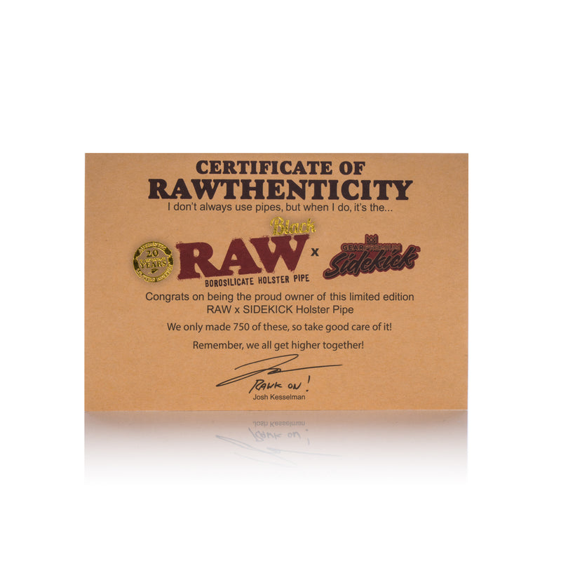 Certificate of RAWthenticity for the GEAR Premium RAW Black Sidekick Bong Canada