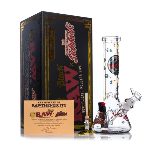 RAW Black GEAR Premium Sidekick Bong with Built-in Lighter Holder, 14mm bowl and Black RAW Phoenix Lighter, and 14mm cone converter bowl for pre-rolled cones