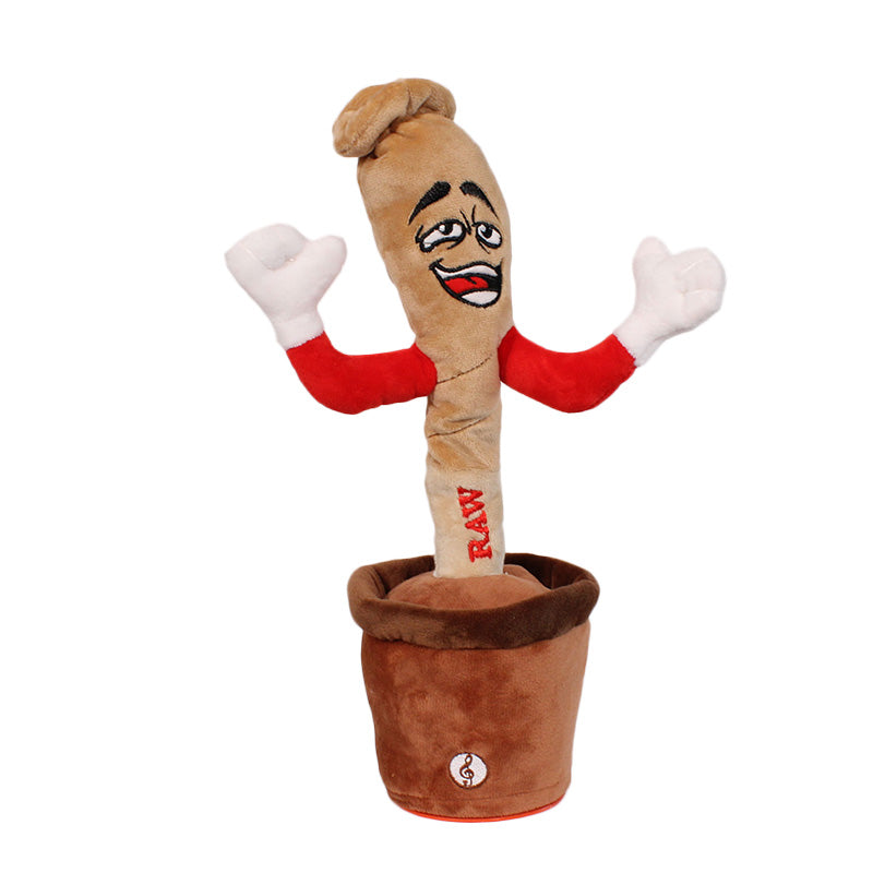RAW Doobie Dancer A plush novelty toy shaped like a smiling brown joint with white gloved hands and red sleeves, standing in a brown pot. The word "RAW" is printed vertically on the body