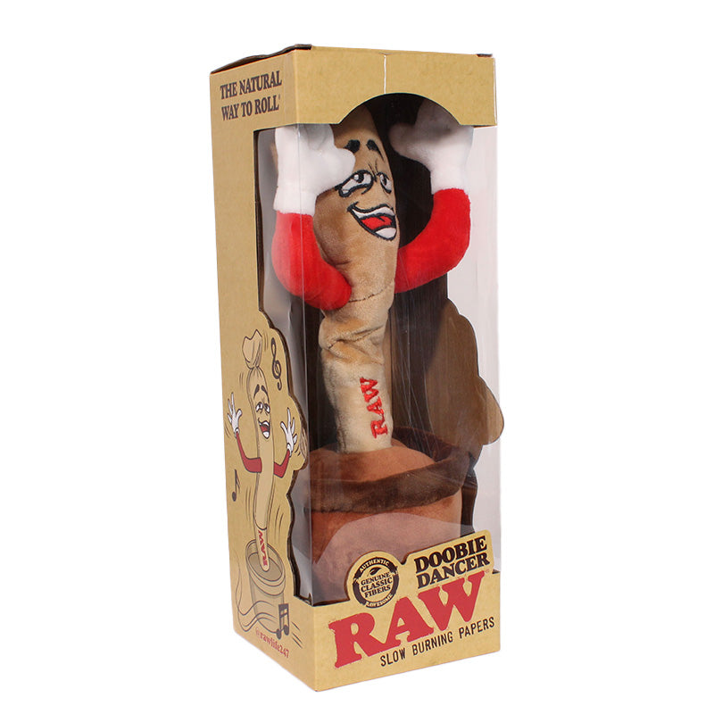 RAW brand Doobie Dancer slow burning papers pack in its original cardboard window box packaging, featuring a brown rolling paper cone character with red sleeves and white gloves.