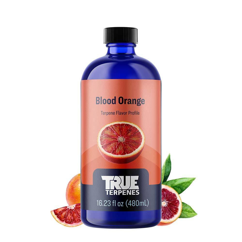 Bottle of True Terpenes Blood Orange flavor profile on a white background