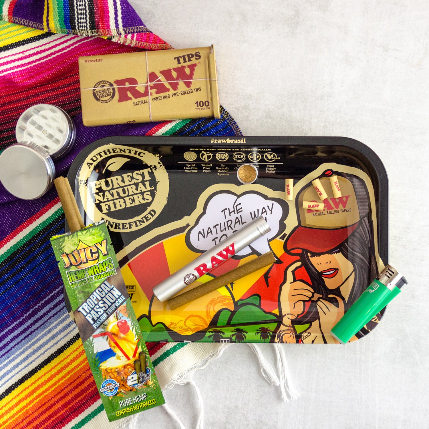 RAW Brazil Rolling Tray with Juicy Hemp Wraps, Grinder and Green Clipper Lighter