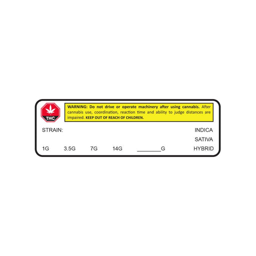 Cannabis Compliance Labels with THC Warning Total Grams and Strain Type in a Roll of 1000 Stickers Canada