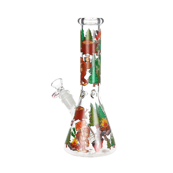 Pulsar Grumpy Bigfoot Beaker Bong back view full-wrap Sasquatch pine forest decal with Keep Out signs and peace sign, 3-pinch ice catcher visible in neck