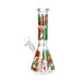 Pulsar Grumpy Bigfoot Beaker Bong back view full-wrap Sasquatch pine forest decal with Keep Out signs and peace sign, 3-pinch ice catcher visible in neck