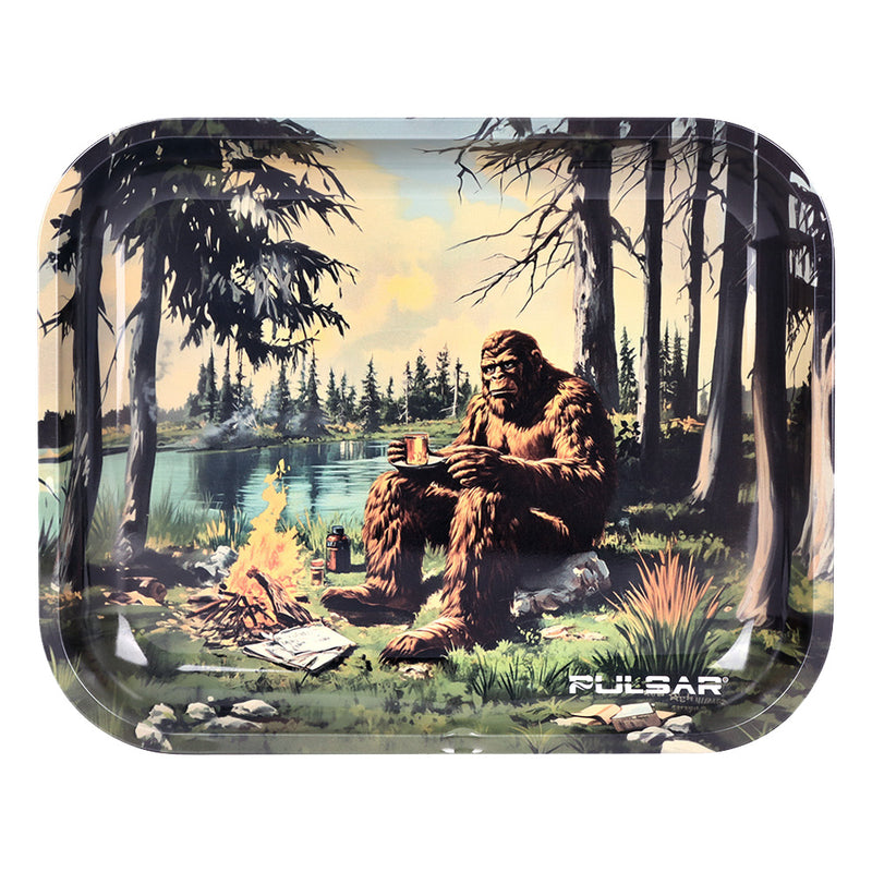 Metal tray with a design of a bigfoot sasquatch by a campfire in a forest Pulsar Canada