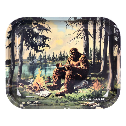 Metal tray with a design of a bigfoot sasquatch by a campfire in a forest Pulsar Canada