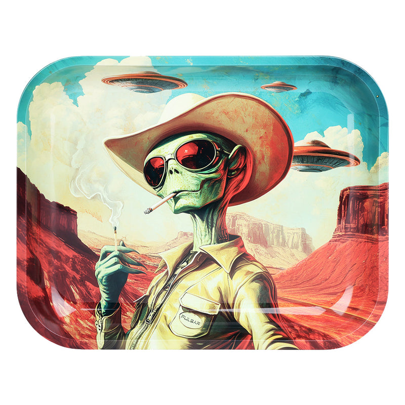 Metal tray with an alien wearing a cowboy hat and sunglasses, smoking a cigarette, with a desert landscape and flying saucers in the background Pulsar Canada