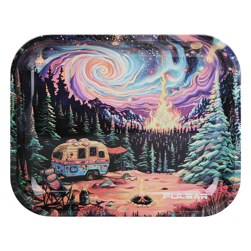 Colorful Pulsar Starry Camp rolling tray with a camping scene and spiral galaxy design Canada