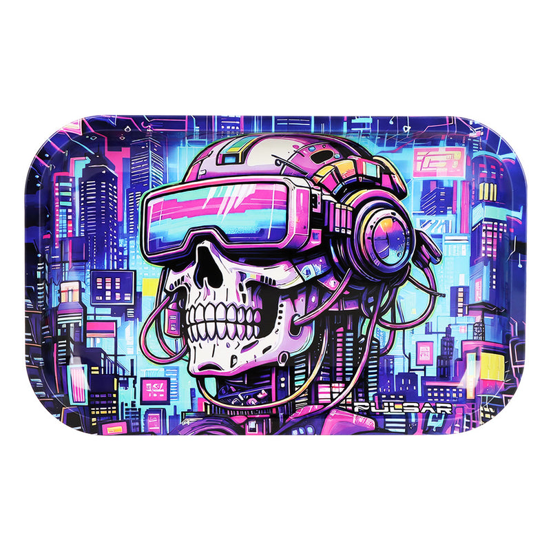 Colorful skull design with goggles and headphones on a cityscape background Pulsar Cyber Pilot Rolling Tray Canada