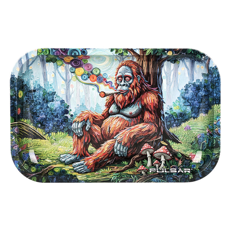 Colorful artwork bigfoot sasquatch smoking a joint in a forest setting Pulsar Metal Rolling Tray