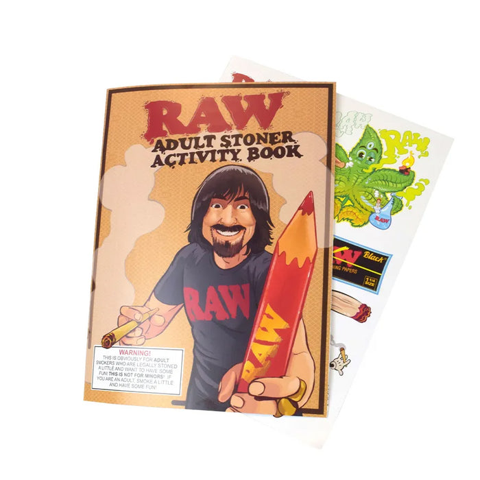 Raw Adult Stoner Activity Book with a cartoon character holding a pencil and a sticker on a white background