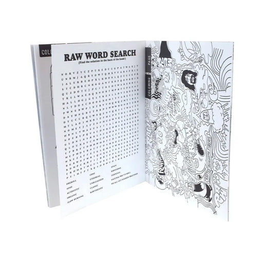 Open book with a word search on one page and black and white illustrations on the other, on a white background.