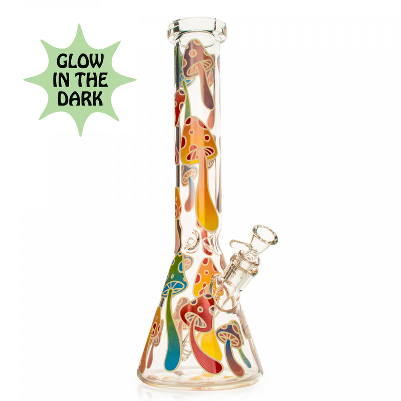 Colorful Magic Mushrooms on a Clear Bong that glows in the dark by Red Eye Glass
