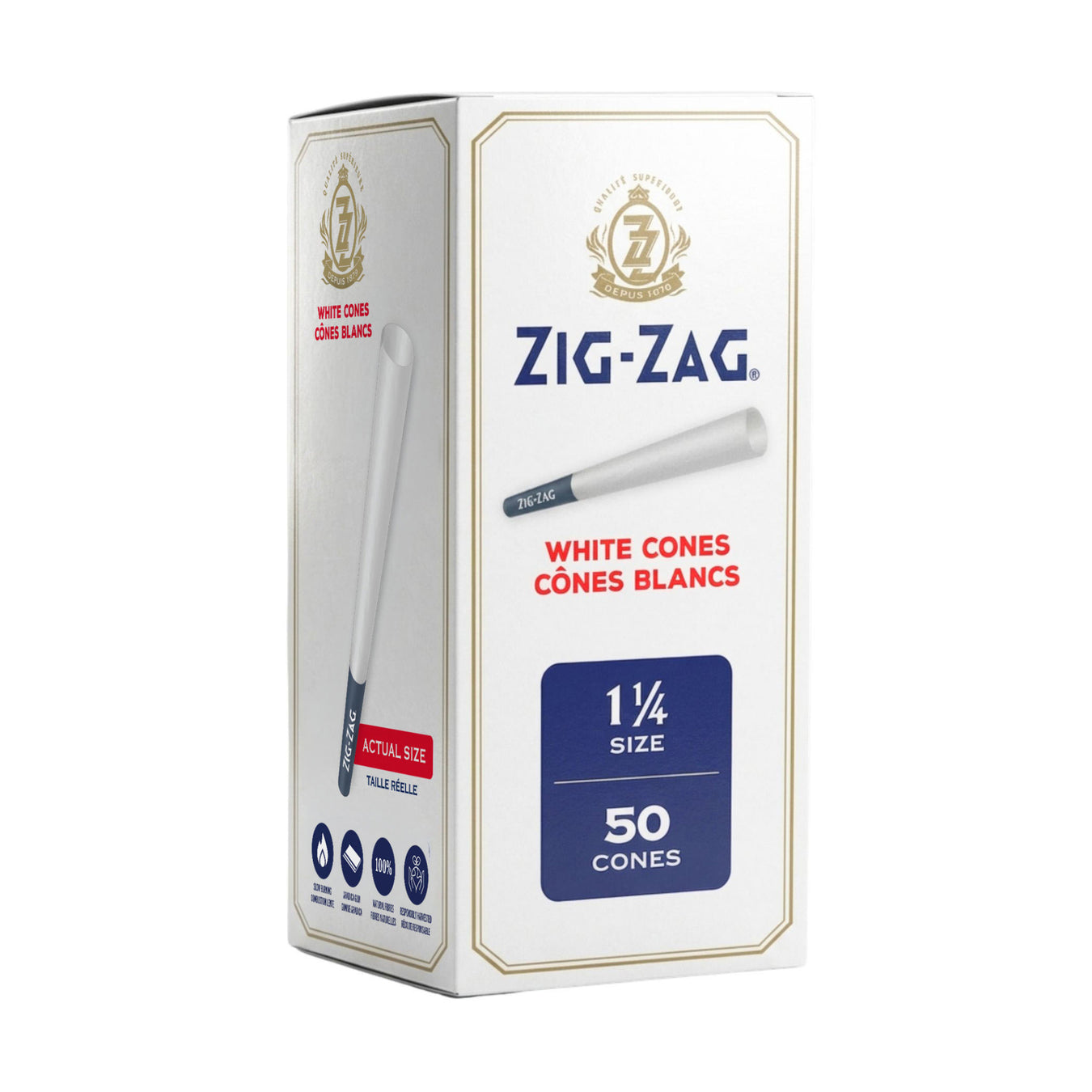 A box of Zig-Zag White Cones Cones Blancs 1 1/4 size, containing 50 cones