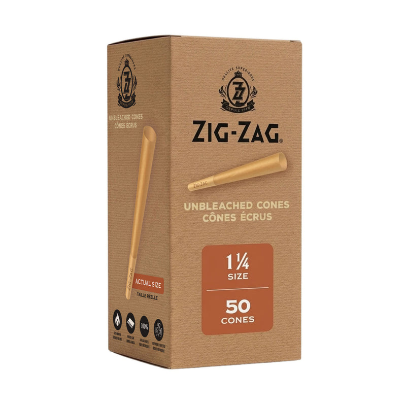 A box of Zig-Zag Unbleached Cones 1 1/4 size containing 50 cones. 